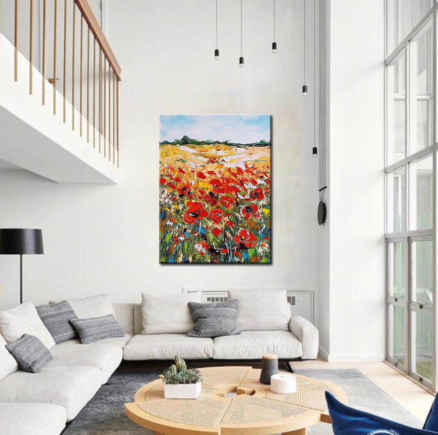 Bloemen schilderij veld rode klaprozen 90x120cm - Afbeelding 2