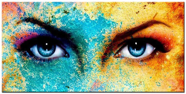 Schilderij Kleurrijke Blik – opvallende blauwe vrouwenogen met turquoise, geel en oranje