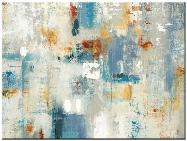 Abstract schilderij Diepte in Licht met warme kleuren, blauwtinten en gelaagde structuur, handgeschilderd