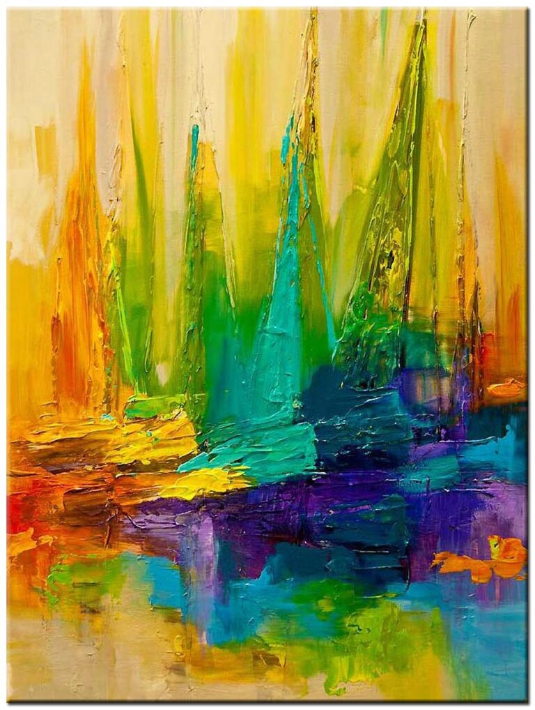 Abstract schilderij Zeilboten in Kleur handgeschilderd olieverf schilderij met verticale compositie en felle kleuren