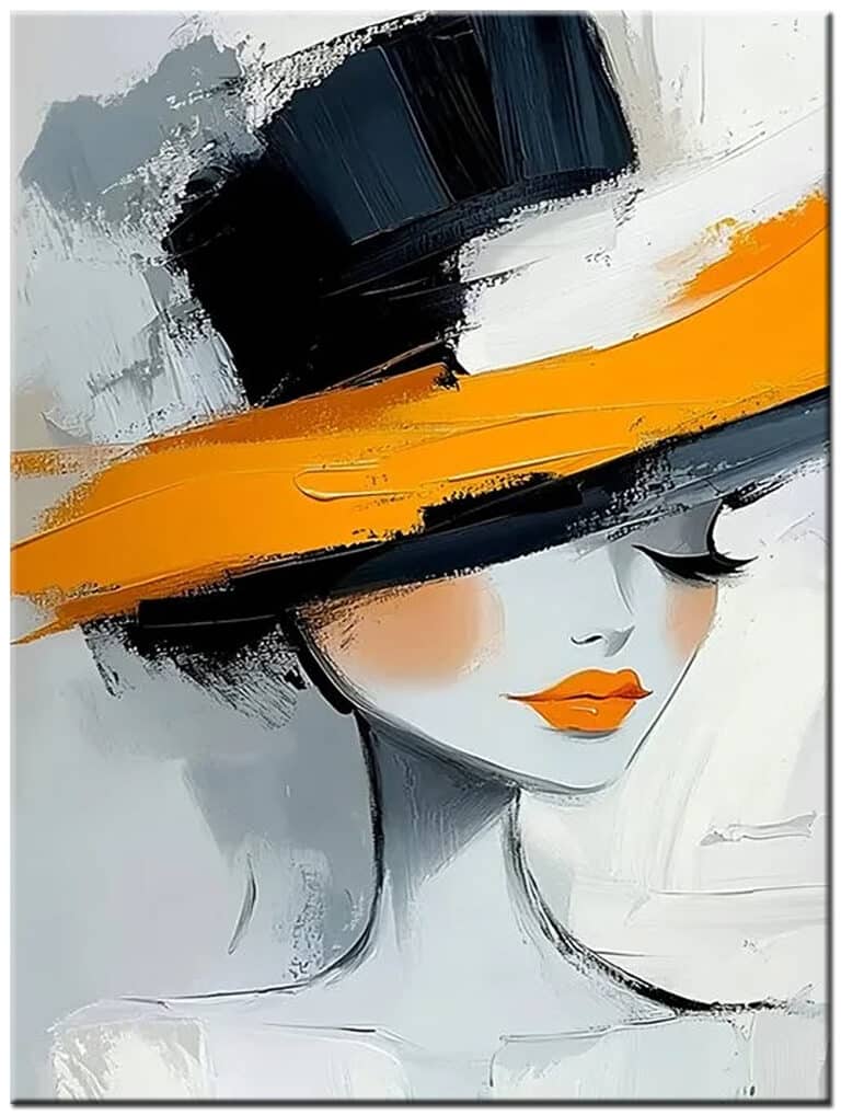 Modern schilderij Elegante Dame – handgeschilderd olieverf schilderij met vrouwelijk portret, zwart-wit tinten en oranje accent