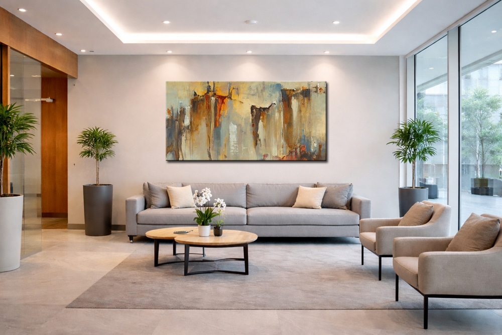 groot aardetinten schilderij boven bank voorbeeld