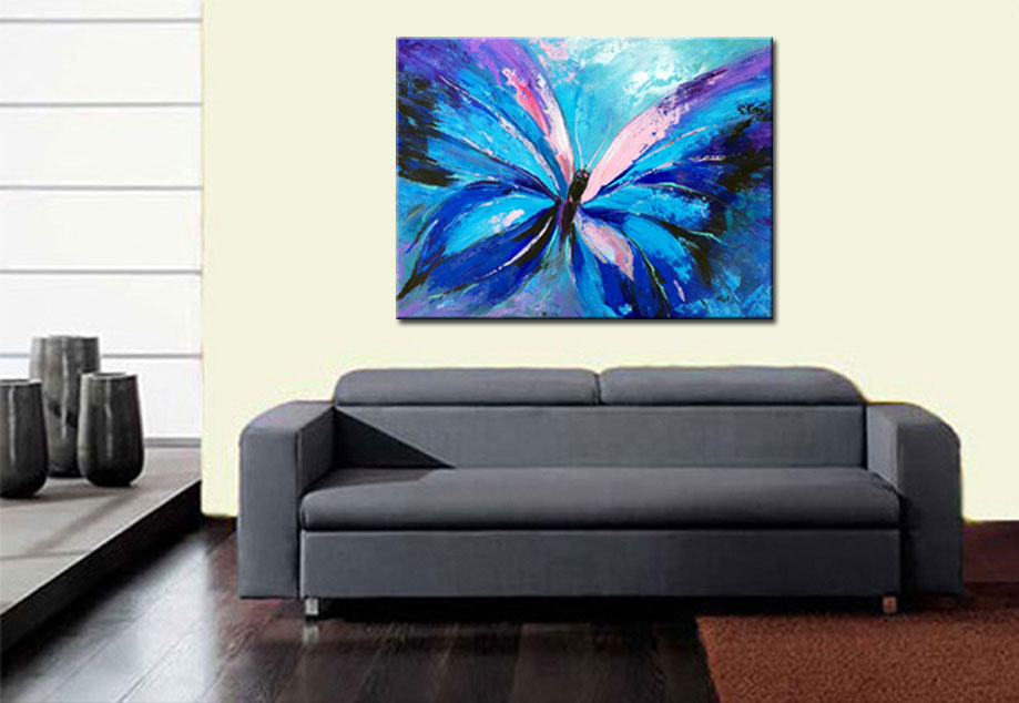 Blauwe vlinder modern schilderij 120x90cm - Afbeelding 2