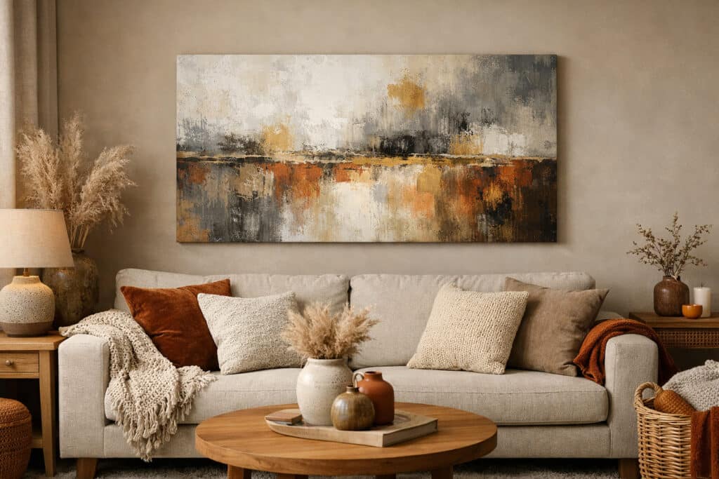 schilderij boven bank landelijk interieur