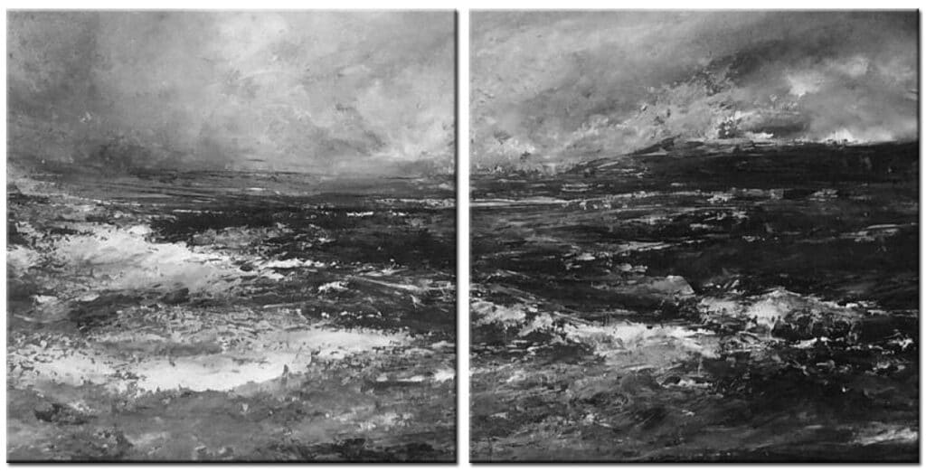 Landschap tweeluik schilderij Black Storm in grijsblauwe tinten olieverf met golven en dramatische lucht