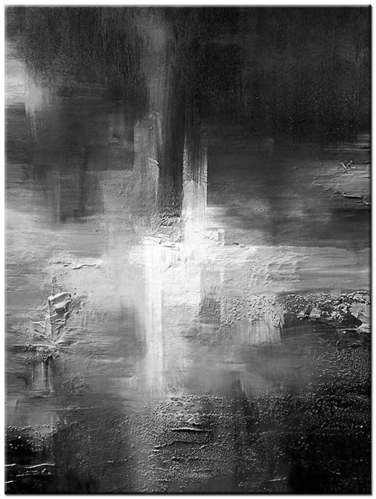 Licht in het Donker abstract schilderij handgeschilderd olieverf schilderij zwart wit met verticale lichtlijn en sterk contrast