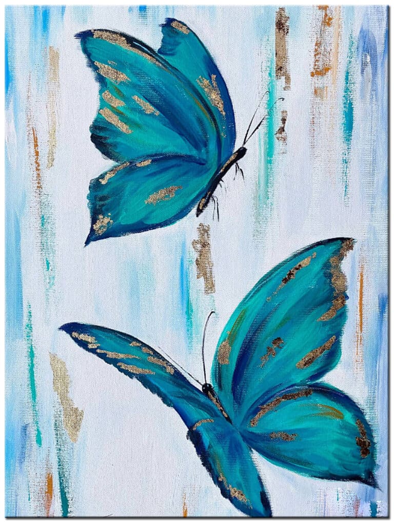 Modern schilderij Blauwe Vlinders handgeschilderd olieverf schilderij met twee blauwe vlinders en goudkleurige accenten
