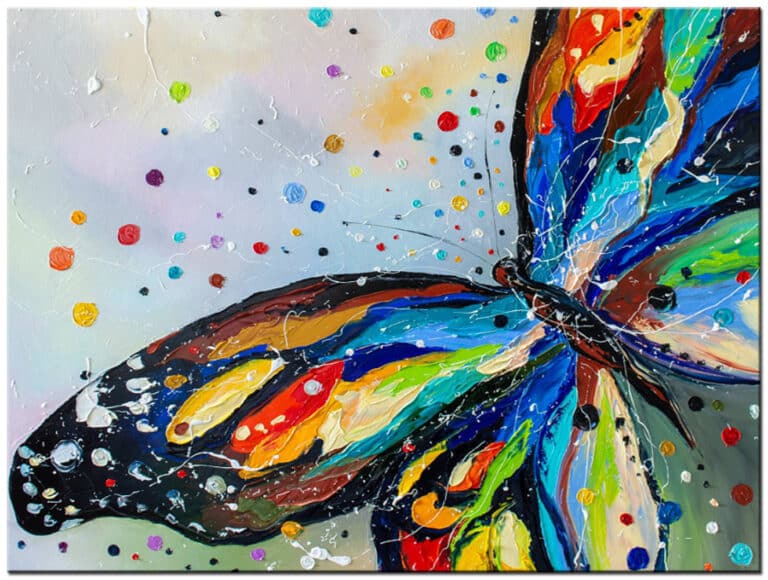 Abstract schilderij Kleurrijke Vlinder handgeschilderd olieverf schilderij met kleurrijke vleugel en verfspatten