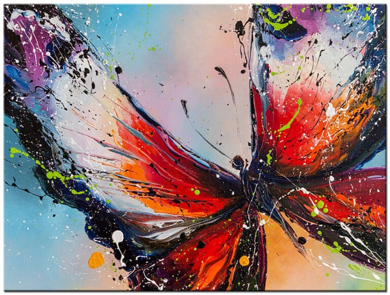 Abstract schilderij Vlinder in Kleur handgeschilderd olieverf schilderij met rode en oranje vleugels en verfspatten