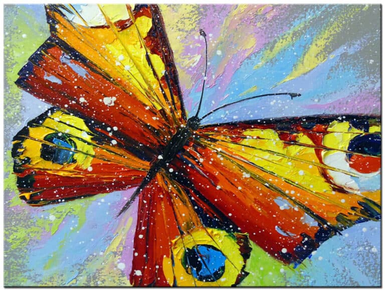 Modern schilderij Vlinder in Kleur handgeschilderd olieverf schilderij met gele en rode vleugels en verfspatten