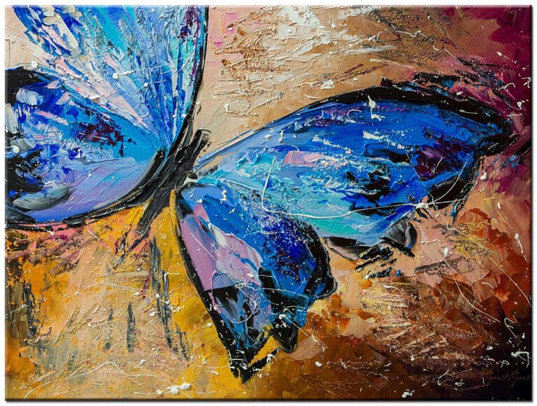 Abstract schilderij Blauwe Vlinder handgeschilderd olieverf schilderij met blauwe vleugels en warme achtergrond