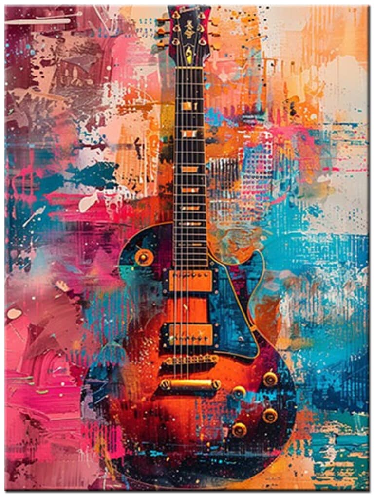 Modern schilderij Elektrische Gitaar handgeschilderd olieverf schilderij met kleurrijke elektrische gitaar