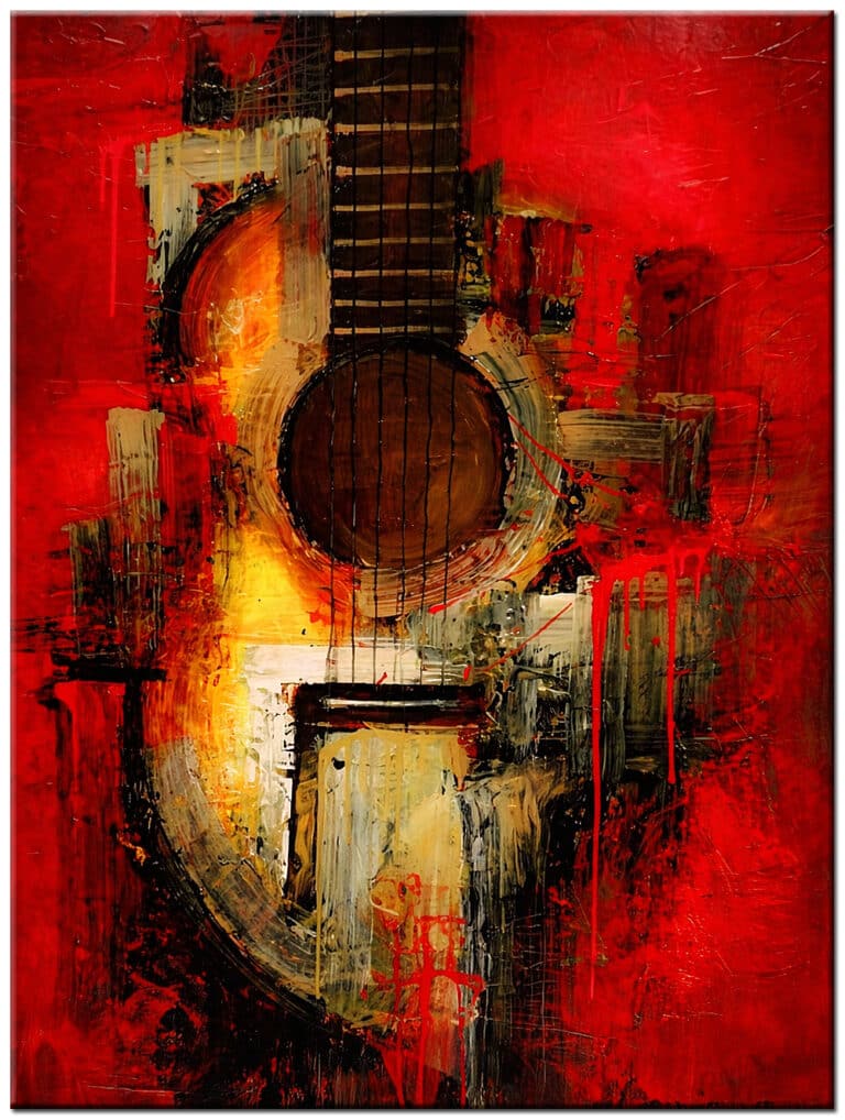 Modern schilderij Abstracte Gitaar Rood handgeschilderd olieverf schilderij met abstracte gitaar en rode tinten