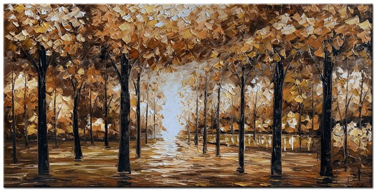 Abstract schilderij Gouden Herfstbos handgeschilderd olieverf schilderij met warme herfstkleuren en abstract boslandschap