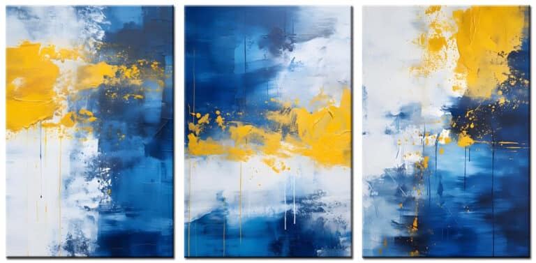 Abstract schilderij Blauw Geel Contrast drieluik handgeschilderd olieverf schilderij met blauwe en gele abstracte kleurvlakken