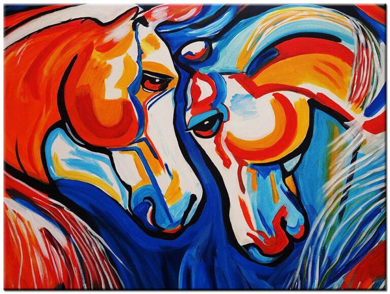Dieren schilderij Kleurrijke Paardenkop handgeschilderd olieverf schilderij met twee paarden in blauw rood oranje en geel