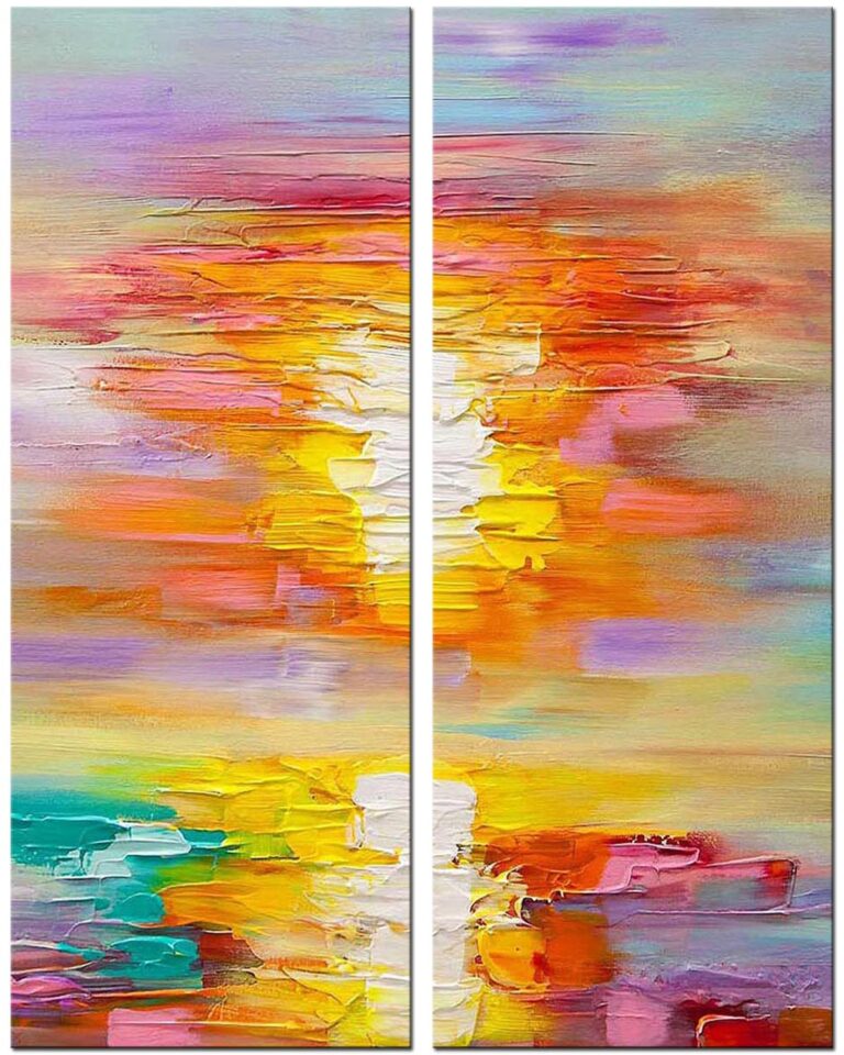 Abstract schilderij warm licht tweeluik abstract zonsondergang handgeschilderd olieverf schilderij met gele en oranje tinten