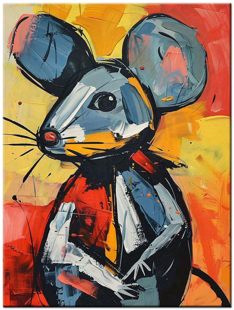 Dieren schilderij Kleurrijke Muis handgeschilderd olieverf schilderij met grijsblauwe muis op geel en oranje achtergrond