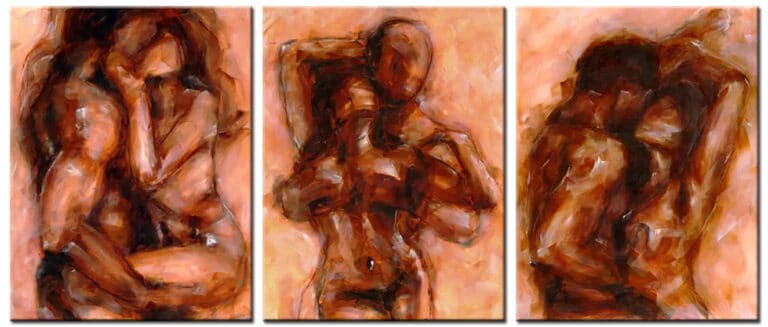 Erotisch schilderij Verbonden Lichamen als abstract drieluik met handgeschilderde olieverf en menselijke vormen in warme aardetinten