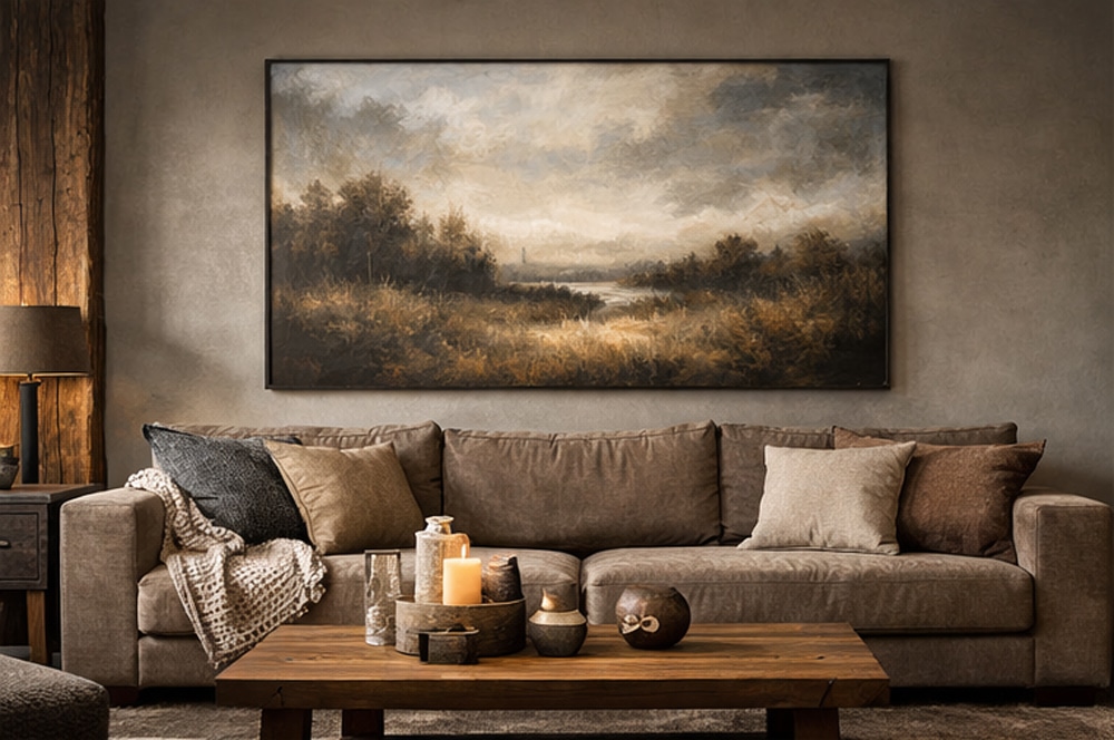 groot schilderij boven bank in stoer en landelijk interieur