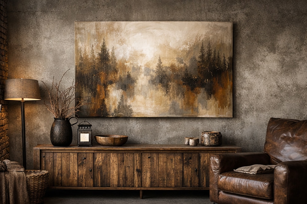 landelijk interieur met groot schilderij en aardetinten