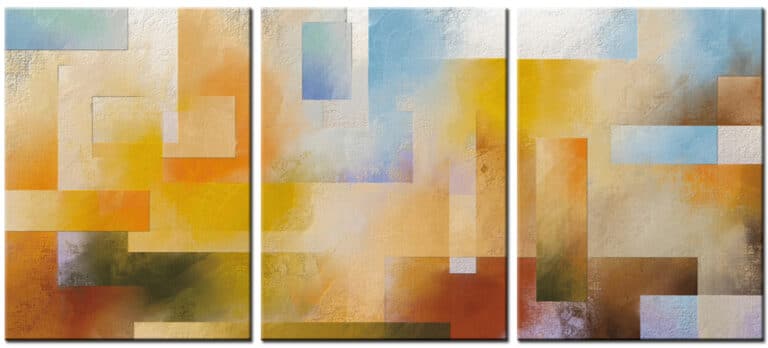 Abstract schilderij Warme Geometrie – Drieluik handgeschilderd olieverf schilderij met geometrische vormen in warme aardetinten en zachte blauwnuances