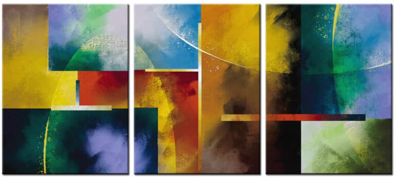 Abstract schilderij Kleurkracht - Drieluik handgeschilderd olieverf schilderij met krachtige kleurvlakken in geel, blauw, groen en rood