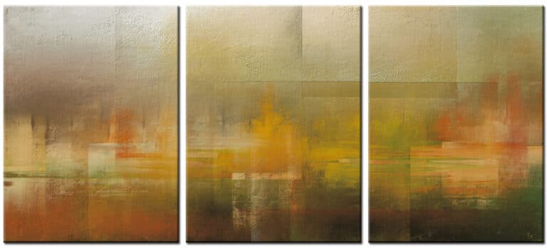 Abstract schilderij Zachte Horizon - Drieluik handgeschilderd olieverf schilderij met zachte aardetinten en gelaagde horizontale compositie