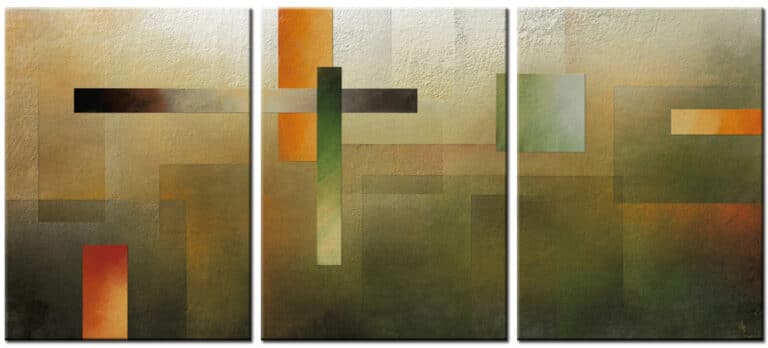 Abstract schilderij Stille Structuur - Drieluik handgeschilderd olieverf schilderij met geometrische vormen in rustige aardetinten