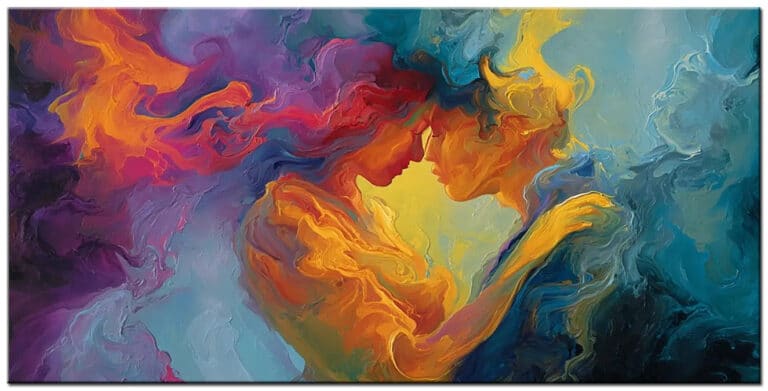 Modern schilderij Samensmelting groot handgeschilderd olieverf schilderij met abstract-figuratieve vormen en vloeiende kleurbewegingen