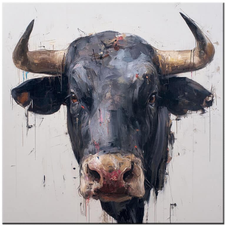 Modern schilderij Krachtige Zwarte Stier verticaal handgeschilderd olieverf schilderij met realistische zwarte stierenkop en beige horens
