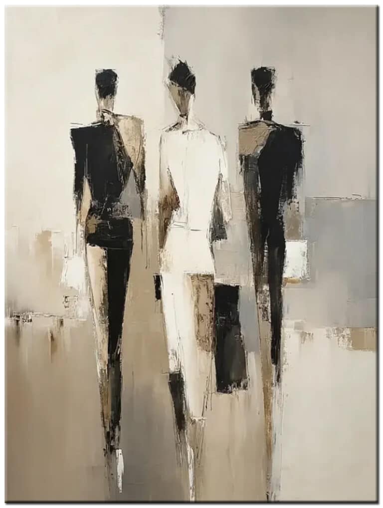 Modern schilderij Drie Figuren verticaal handgeschilderd olieverf schilderij met drie minimalistische figuren in zwart wit en beige tinten