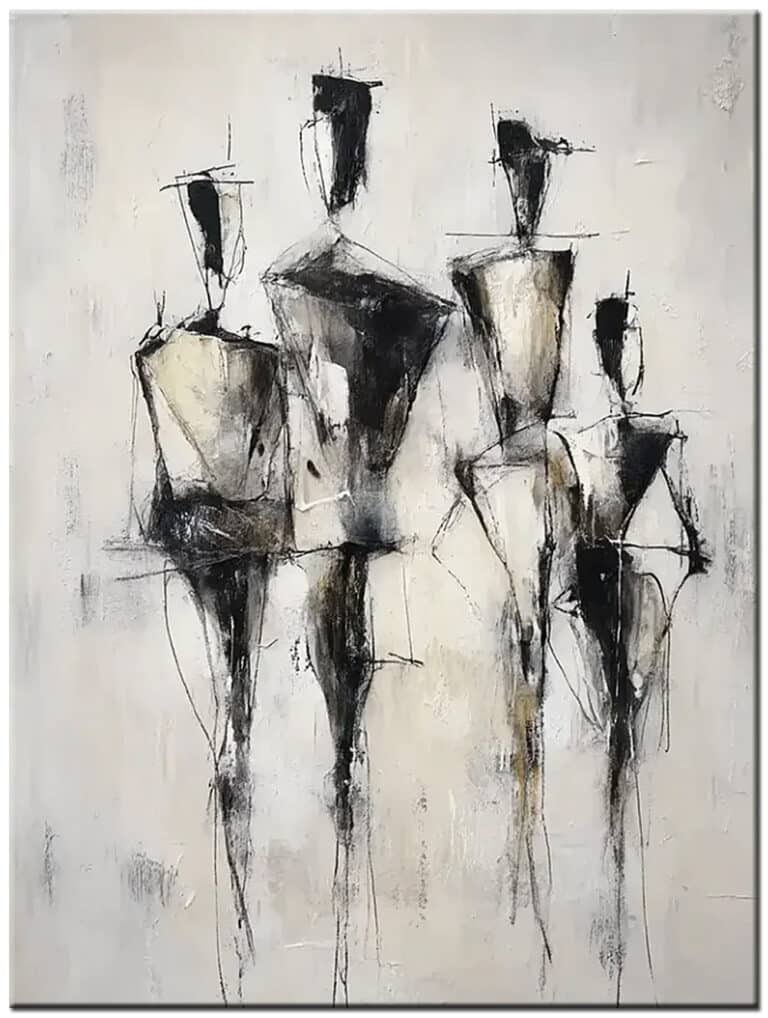 Modern schilderij Zwart Wit Figuren verticaal handgeschilderd olieverf schilderij met abstracte zwart wit silhouetten op lichte achtergrond