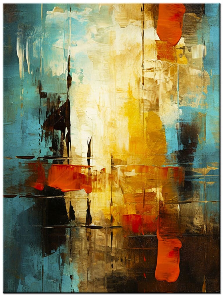 Abstract schilderij Gouden Reflectie handgeschilderd olieverf schilderij met goud, oker en diepblauwe kleurcontrasten in verticale compositie