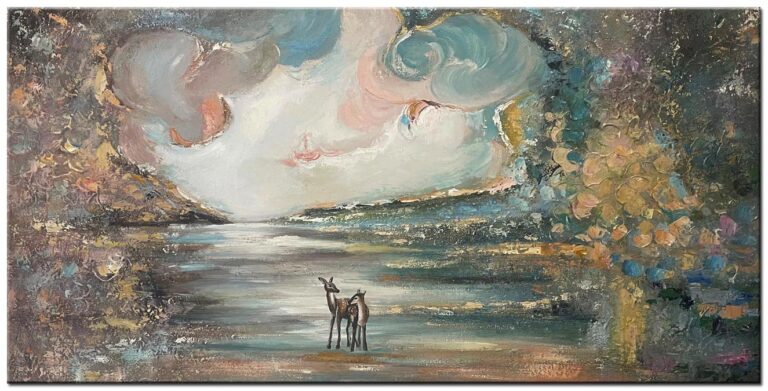 Modern schilderij Stille Oever met Herten – groot handgeschilderd olieverf schilderij met water, landschap en zachte natuurlijke kleuren