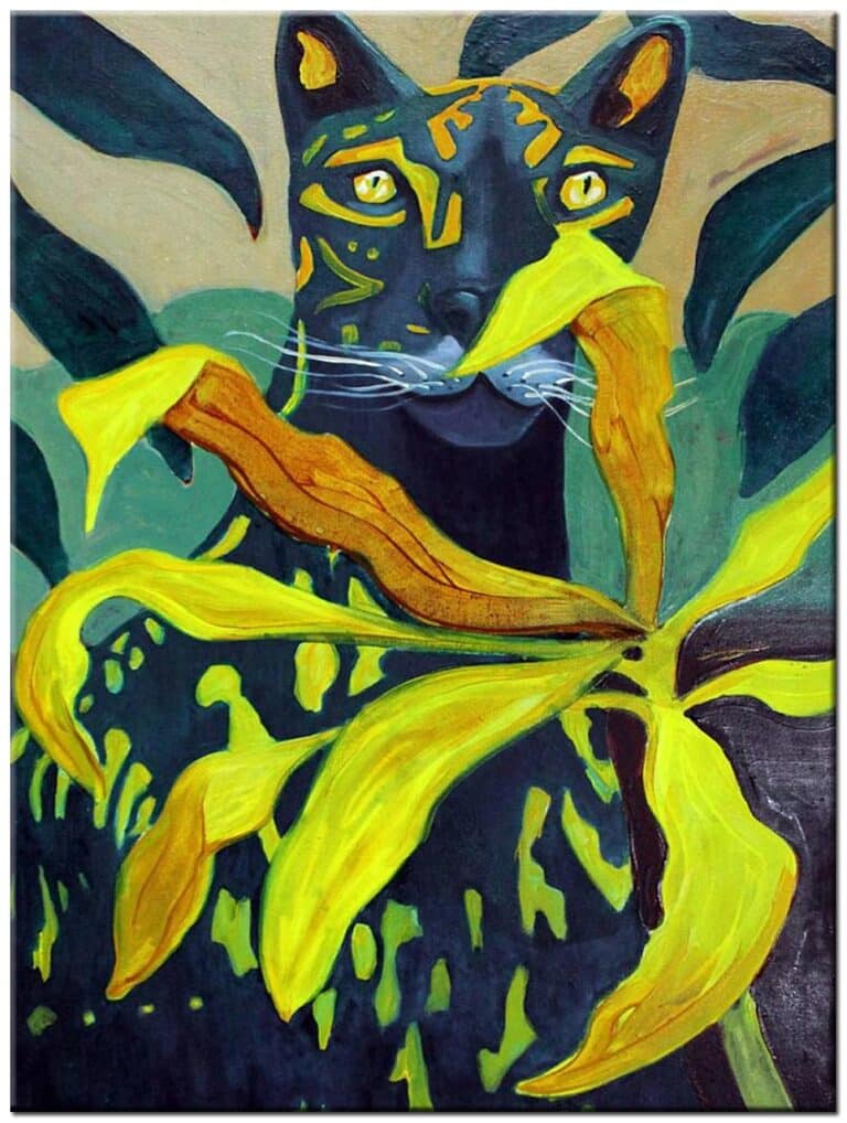 Modern schilderij Verborgen Panter – handgeschilderd olieverf schilderij met panter, groene en gele tinten en moderne stijl