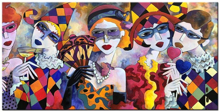 Modern schilderij Maskerade – groot handgeschilderd olieverf schilderij met vrouwelijke figuren, maskers en kleurrijke patronen