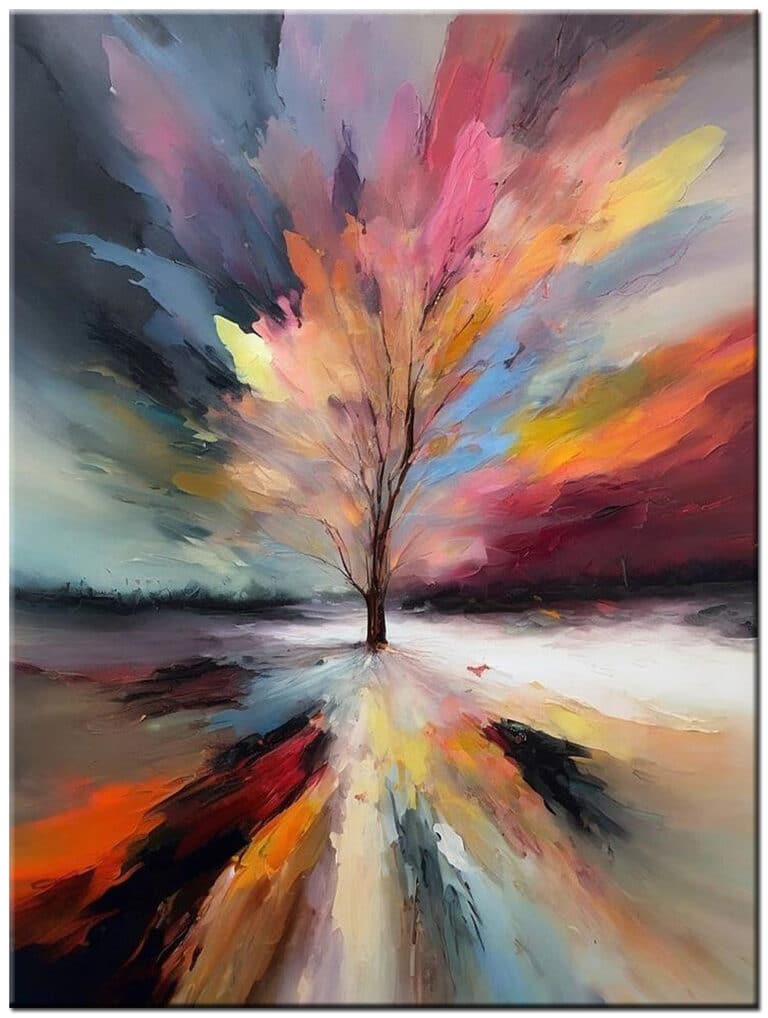 Modern schilderij Levensboom – handgeschilderd olieverf schilderij met boom, abstract landschap en krachtige kleuren