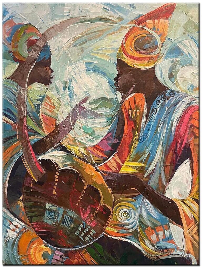 Modern schilderij Ritme van Ontmoeting – handgeschilderd olieverf schilderij met figuratieve vormen, ritme, beweging en rijke kleuren