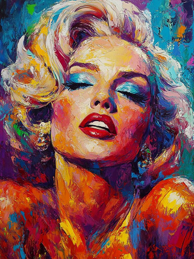 Modern schilderij Marilyn Monroe – handgeschilderd olieverf schilderij met iconisch vrouwelijk portret en krachtige kleuren