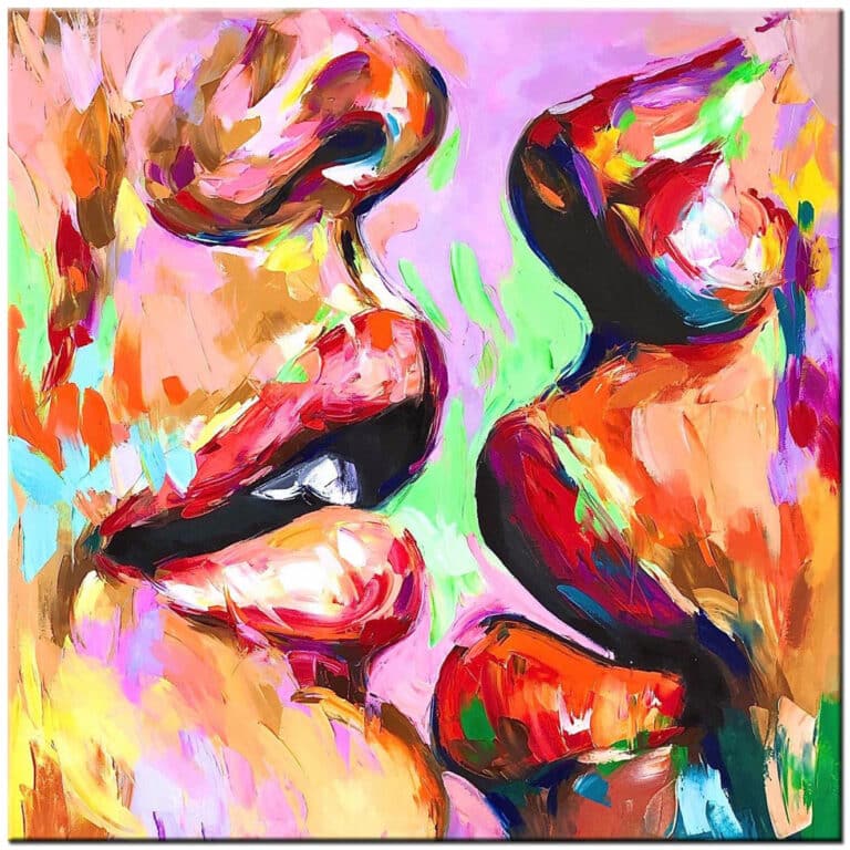 Modern schilderij Verbonden Lichamen – handgeschilderd olieverf schilderij met abstracte figuratieve vormen en warme kleuren