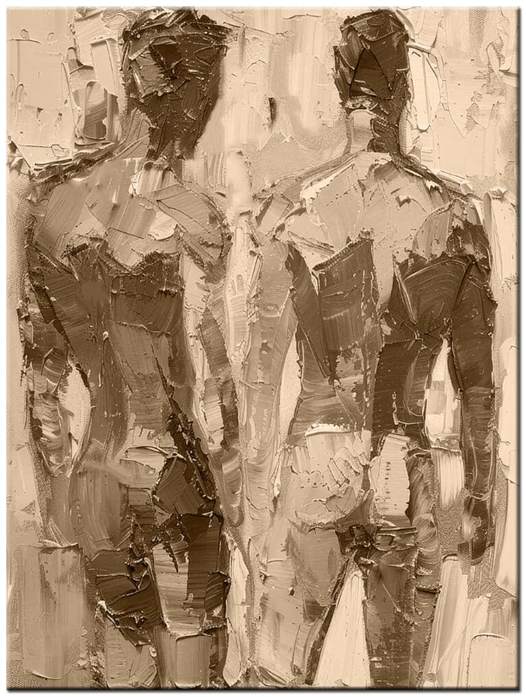 Modern schilderij Mannenliefde – handgeschilderd olieverf schilderij met twee mannelijke figuren, aardetinten en ingetogen figuratie