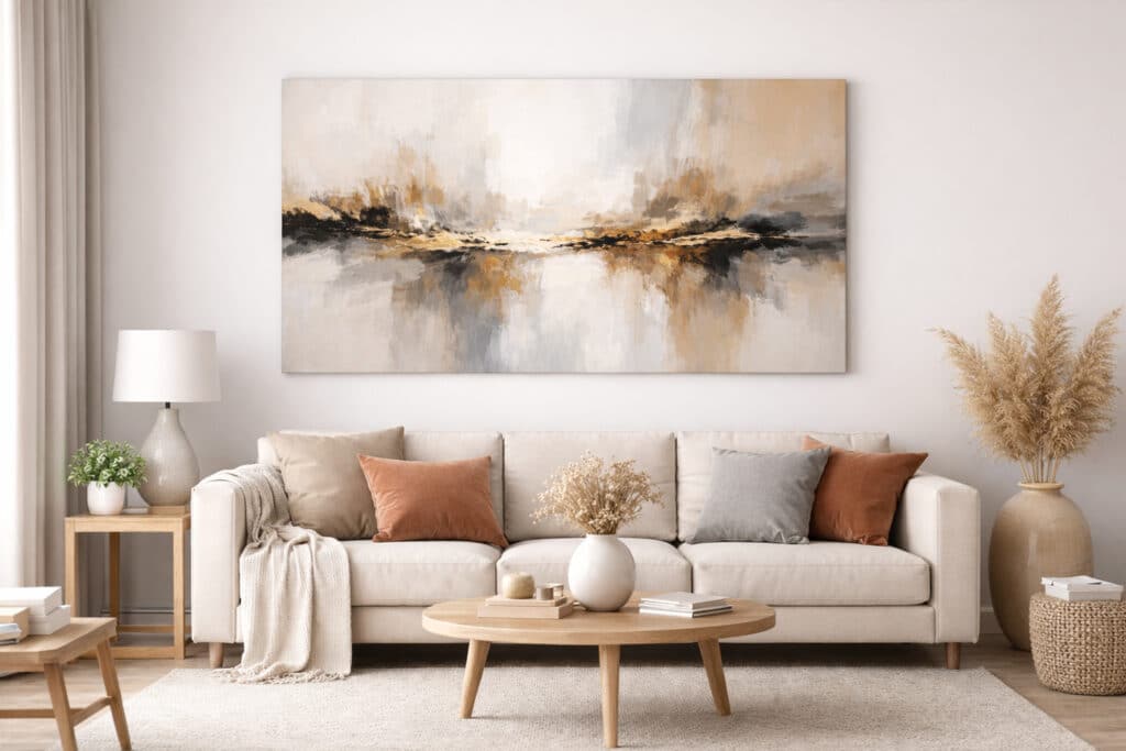 Groot horizontaal schilderij boven een lichte bank dat rust en balans brengt in de woonkamer