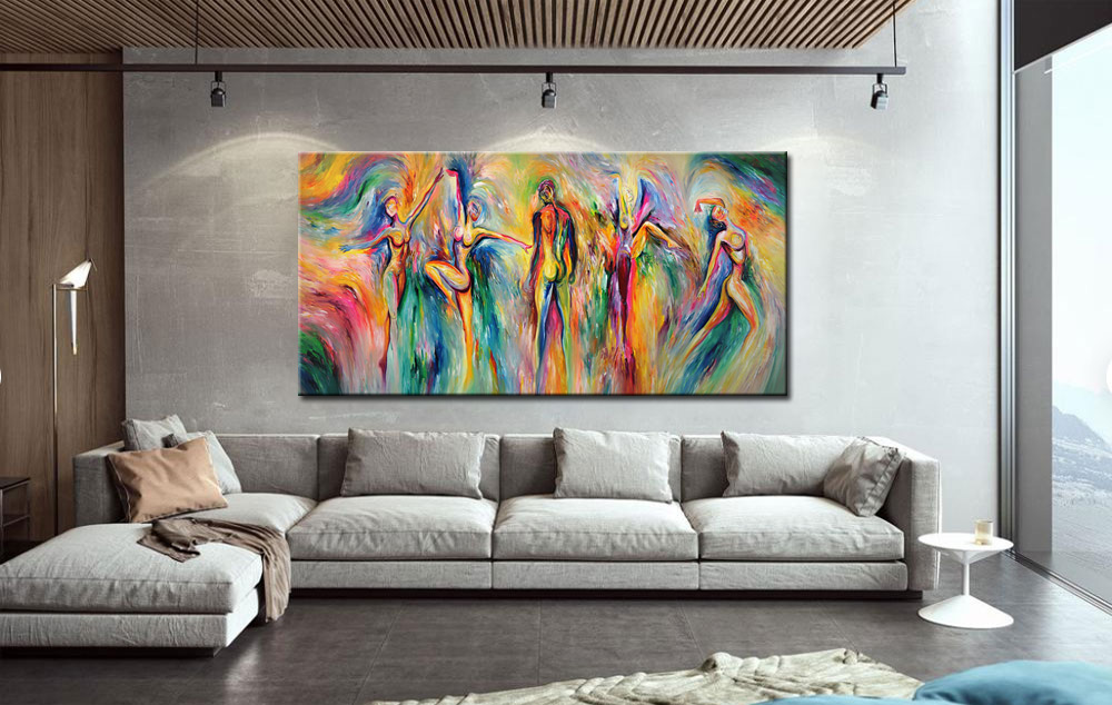 abstract figuratieve kunst schilderij met kleurrijke figuren moderne olieverf stijl woonkamer