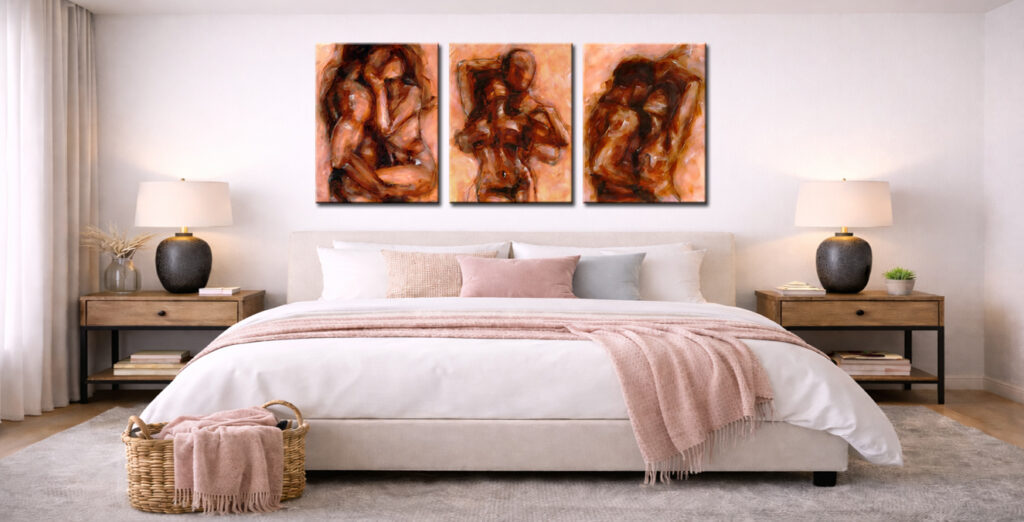 Erotisch schilderij 3 luik boven bed in slaapkamer met warm gekleurde olieverf kunstwerken van figuren