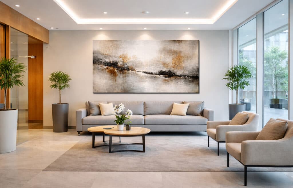Groot abstract schilderij in moderne woonkamer met ruimtelijk effect en lichte kleuren