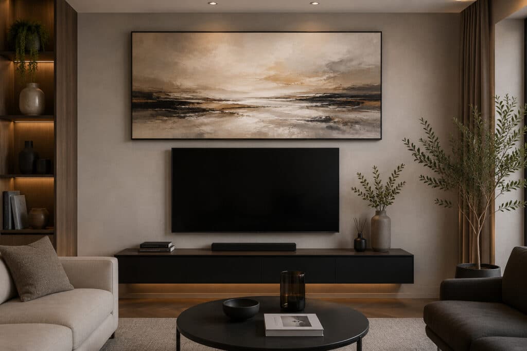 Schilderij schilderij boven tv in een moderne woonkamer
