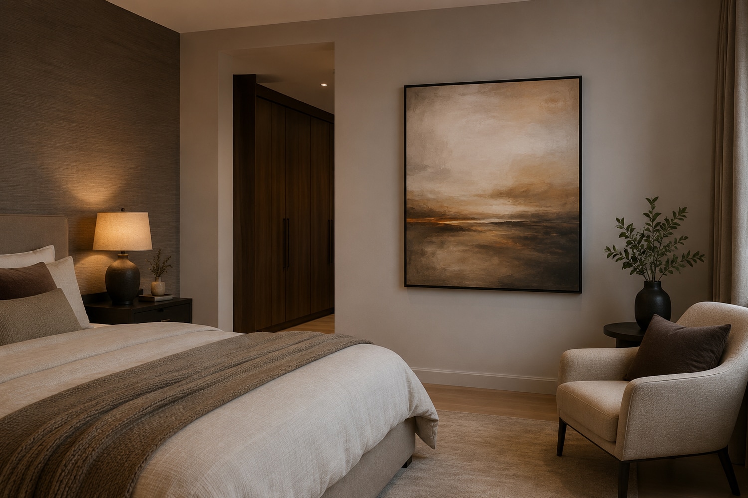 Schilderij in de slaapkamer aan de zijmuur naast een fauteuil