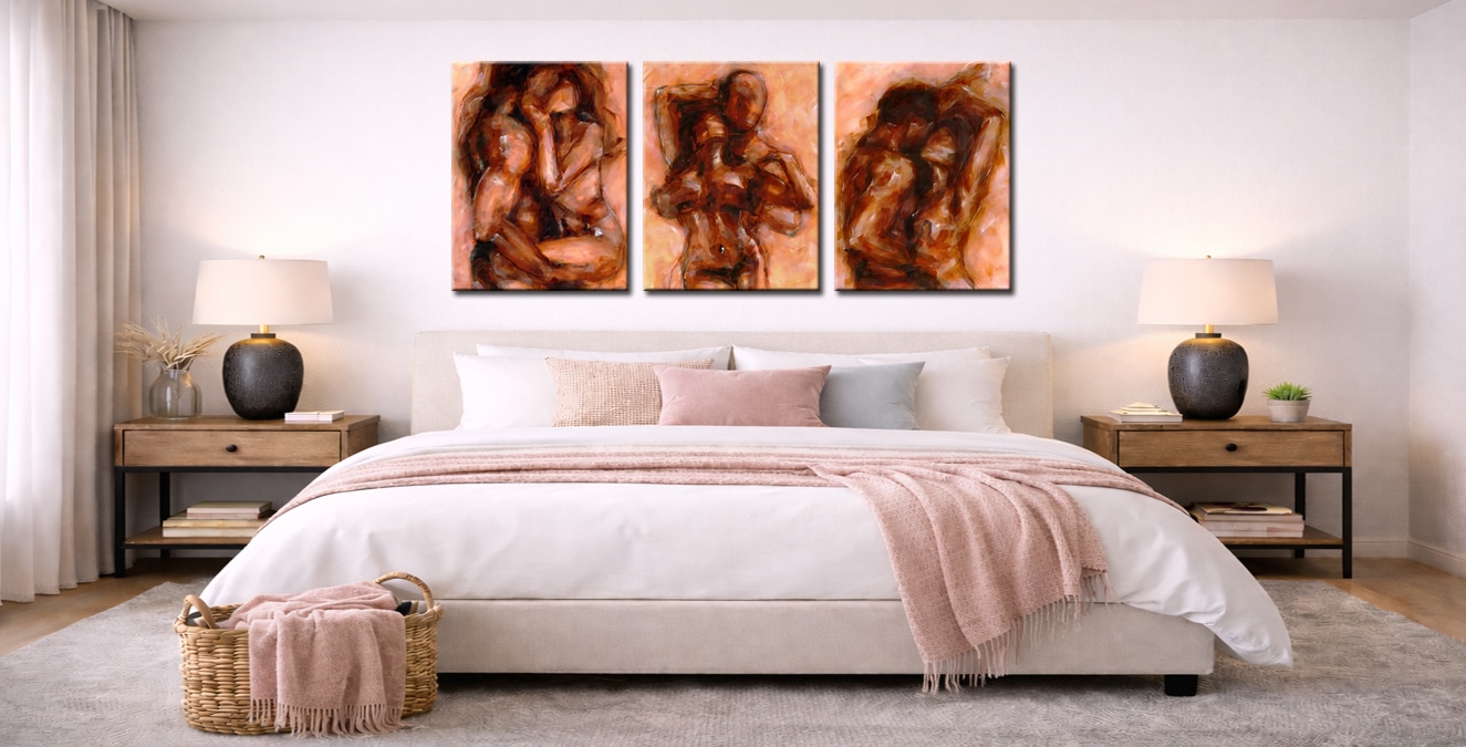 Schilderij in de slaapkamer met rustige beige en aardetinten