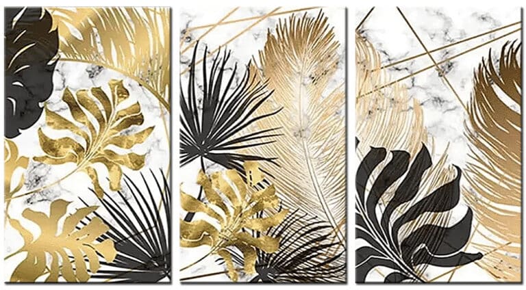 Schilderij Golden Leaves – Drieluik met tropische bladeren in zwart goud en beige